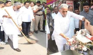 केंद्रीय मंत्री कृष्णपाल गुर्जर ने झाड़ू लगाकर और कूड़ा उठाकर किया स्वच्छता अभियान का शुभारंभ